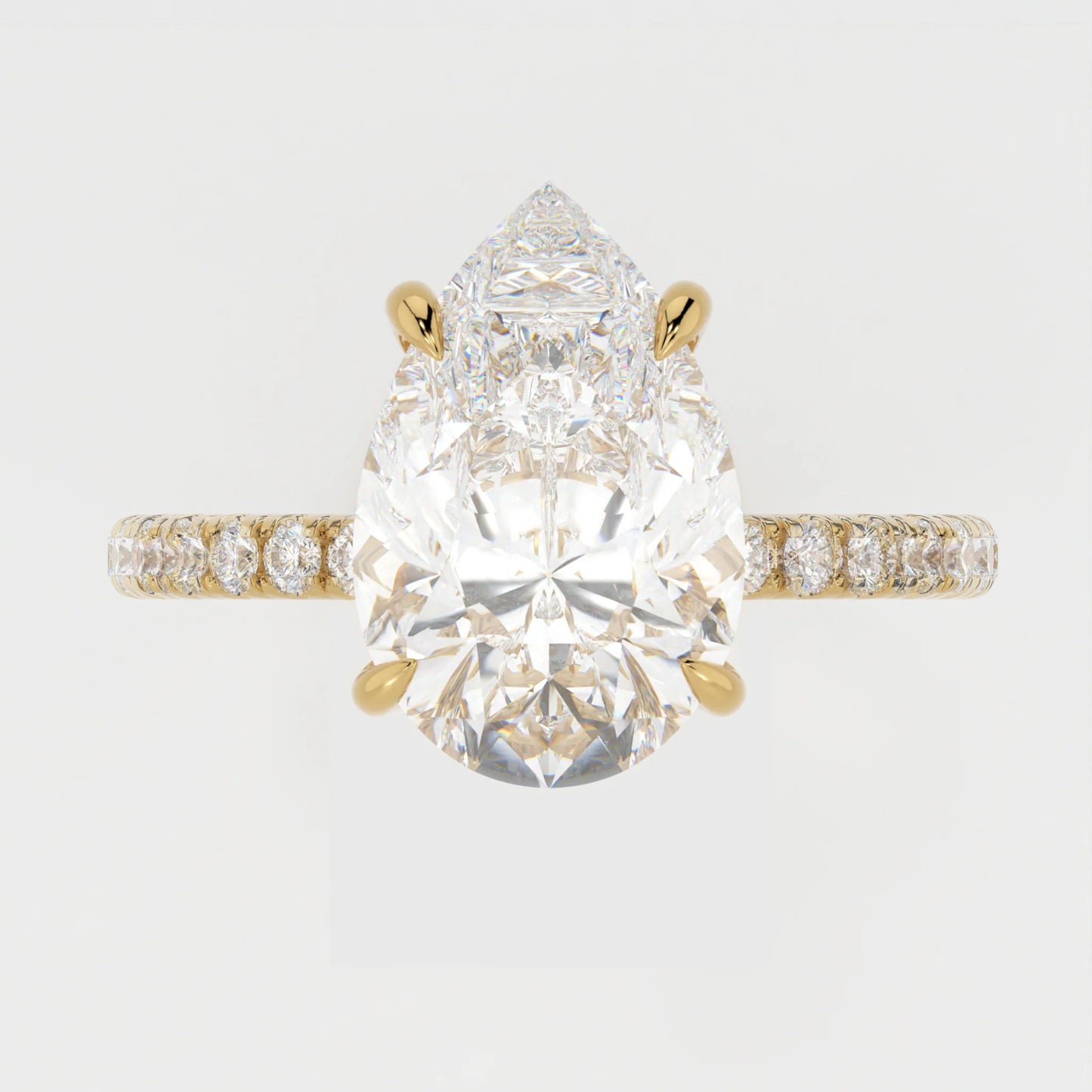 3 Carat Pear Cut Hidden Halo Moissanite Diamond Engagement Ring with a Pavé Band