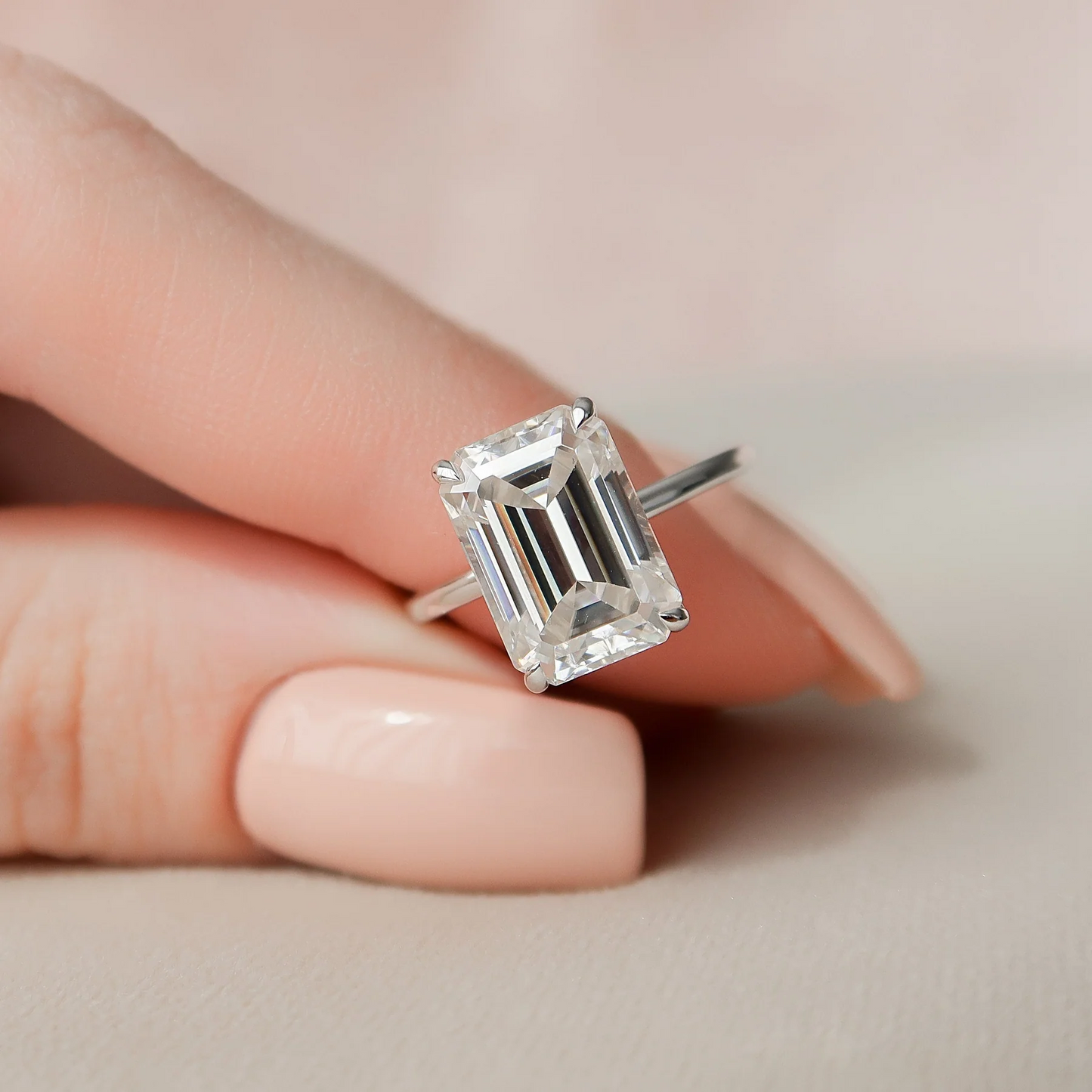 4.5 CT Emerald Cut Solitaire Band with Cathedral Setting and Shoulder Accents