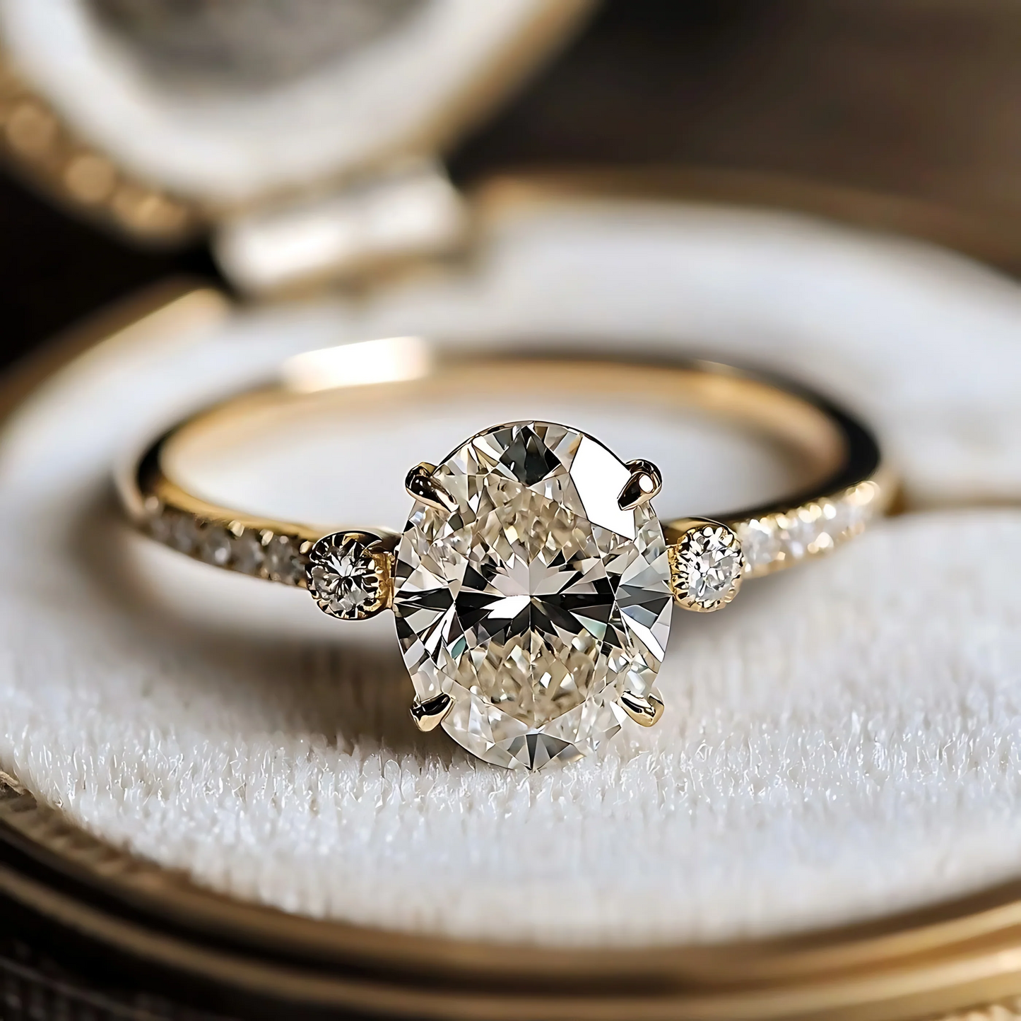 2 Carat Oval Cut with Half Pave Band and Two Shoulder Stones