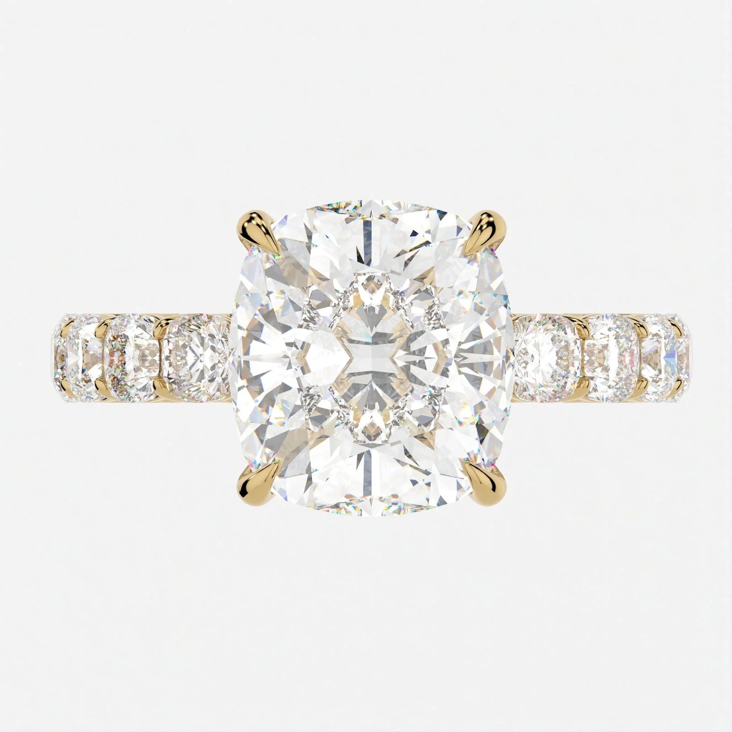 3.5 Carat Cushion Cut Hidden High Halo Moissanite Diamond Engagement Ring 3mm Eternity Band