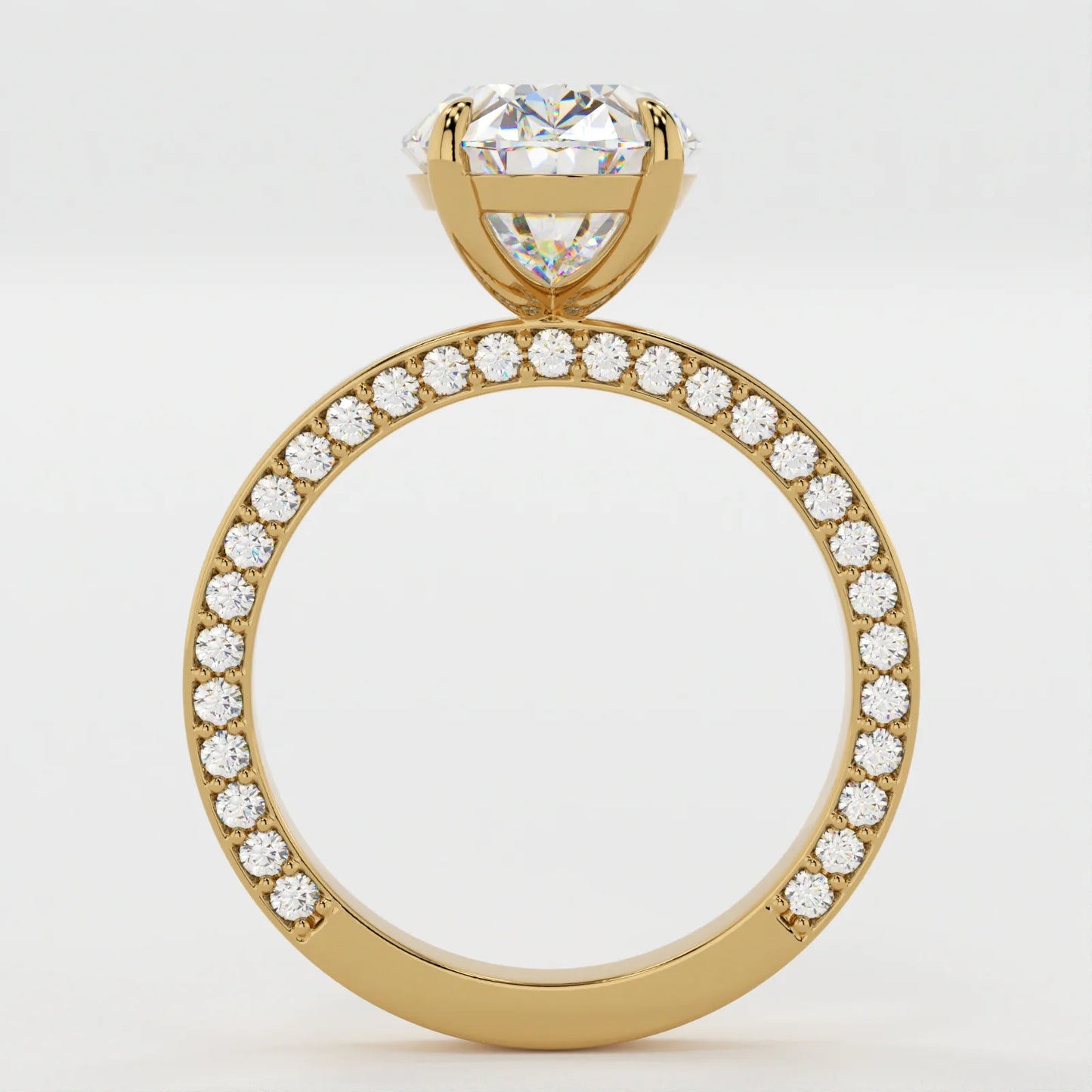 3 Carat Oval Cut Moissanite Diamond Engagement Ring with a Squared off Solitaire Band and Micro Pavé Side Detail