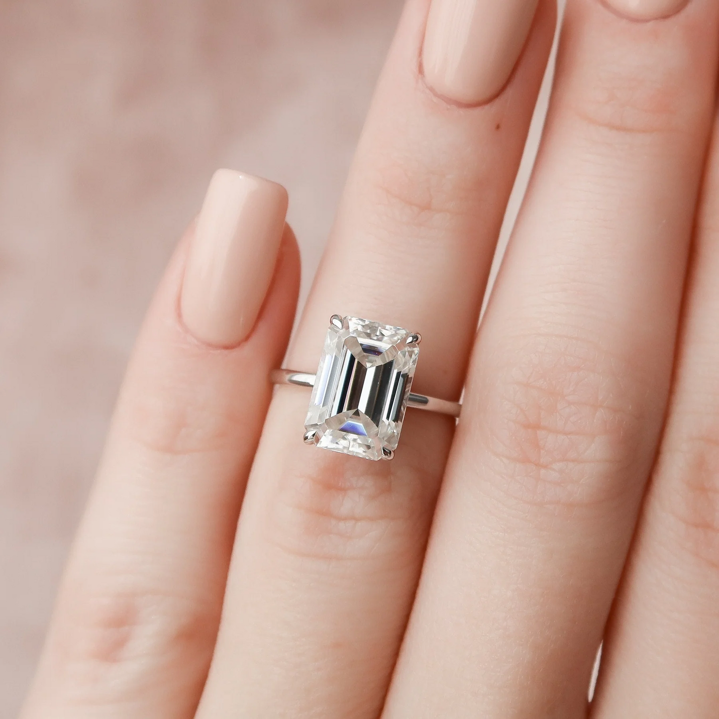 4.5 CT Emerald Cut Solitaire Band with Cathedral Setting and Shoulder Accents