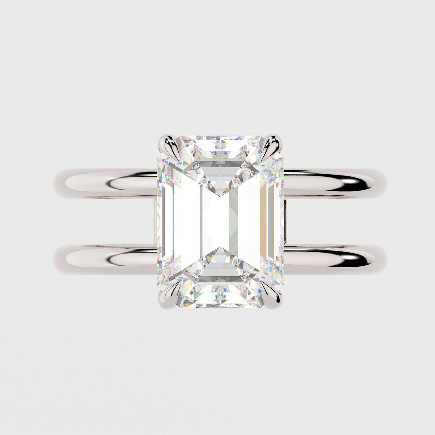 4 Carat Emerald Cut Moissanite Diamond Engagement Ring with a Squared Off Solitaire Band
