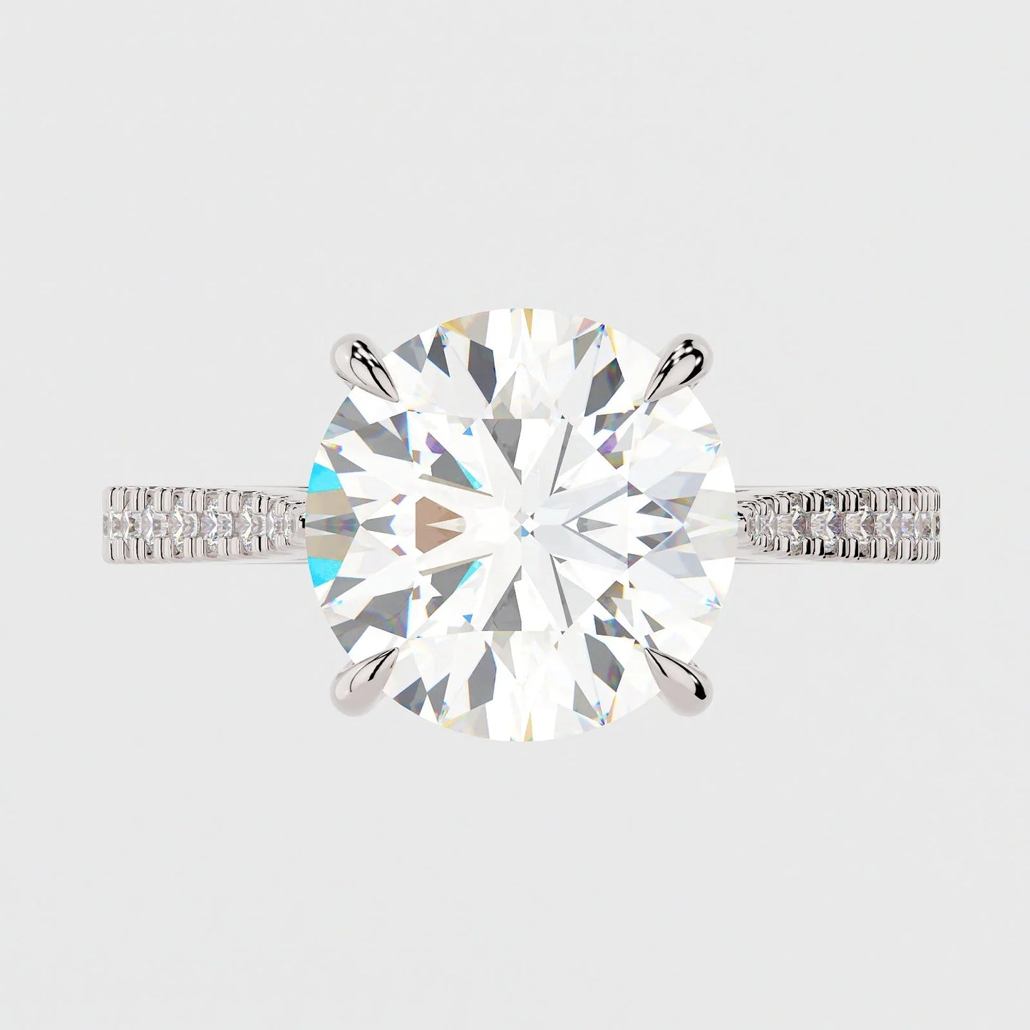 3.5 Carat Round Cut Moissanite Diamond Engagement Ring with Knife Edge Micro Pavé Band