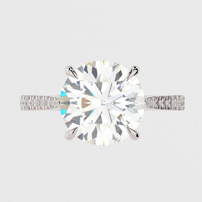 3.5 Carat Round Cut Moissanite Diamond Engagement Ring with Knife Edge Micro Pavé Band