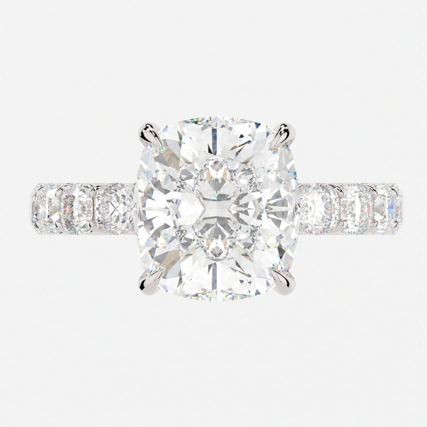3.5 Carat Cushion Cut Hidden High Halo Moissanite Diamond Engagement Ring 3mm Eternity Band