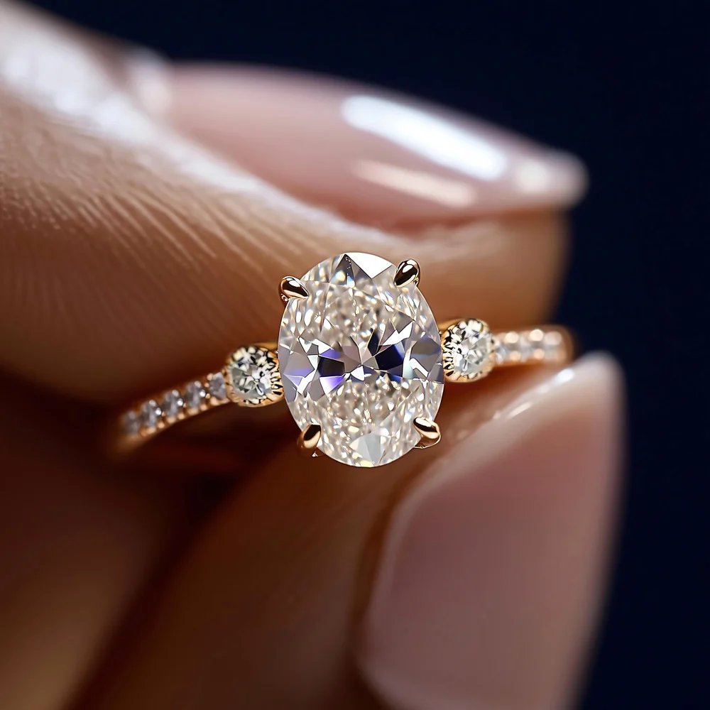 2 Carat Oval Cut with Half Pave Band and Two Shoulder Stones