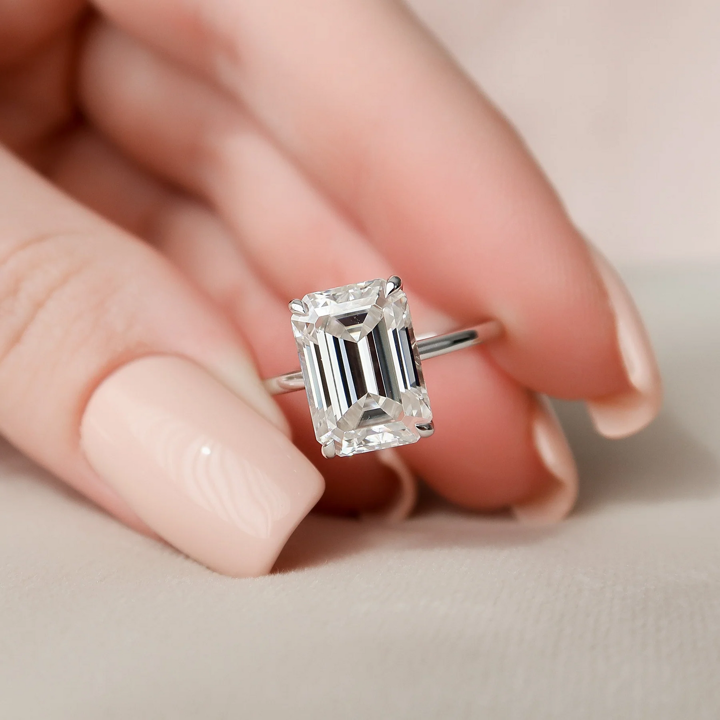 4.5 CT Emerald Cut Solitaire Band with Cathedral Setting and Shoulder Accents