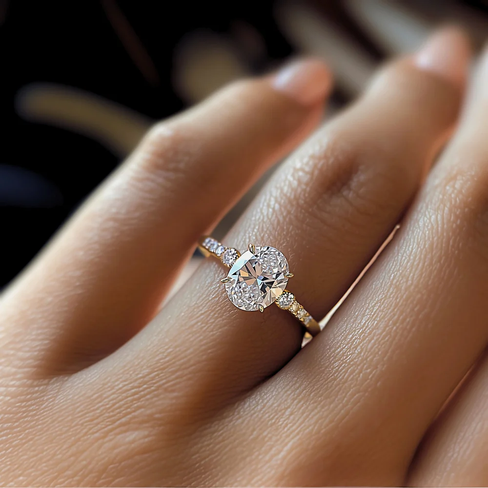 2 Carat Oval Cut with Half Pave Band and Two Shoulder Stones