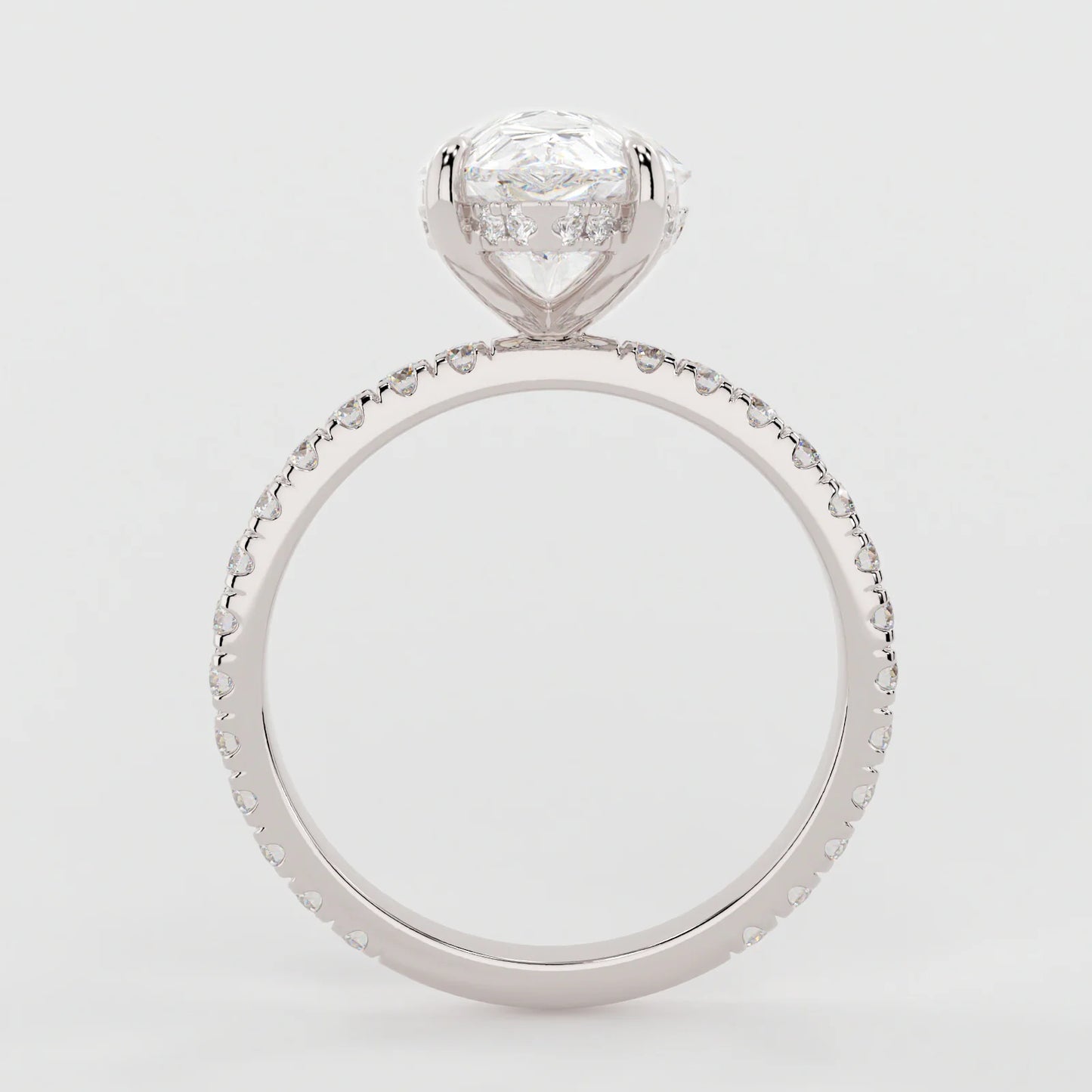 3 Carat Pear Cut Hidden Halo Moissanite Diamond Engagement Ring with a Pavé Band