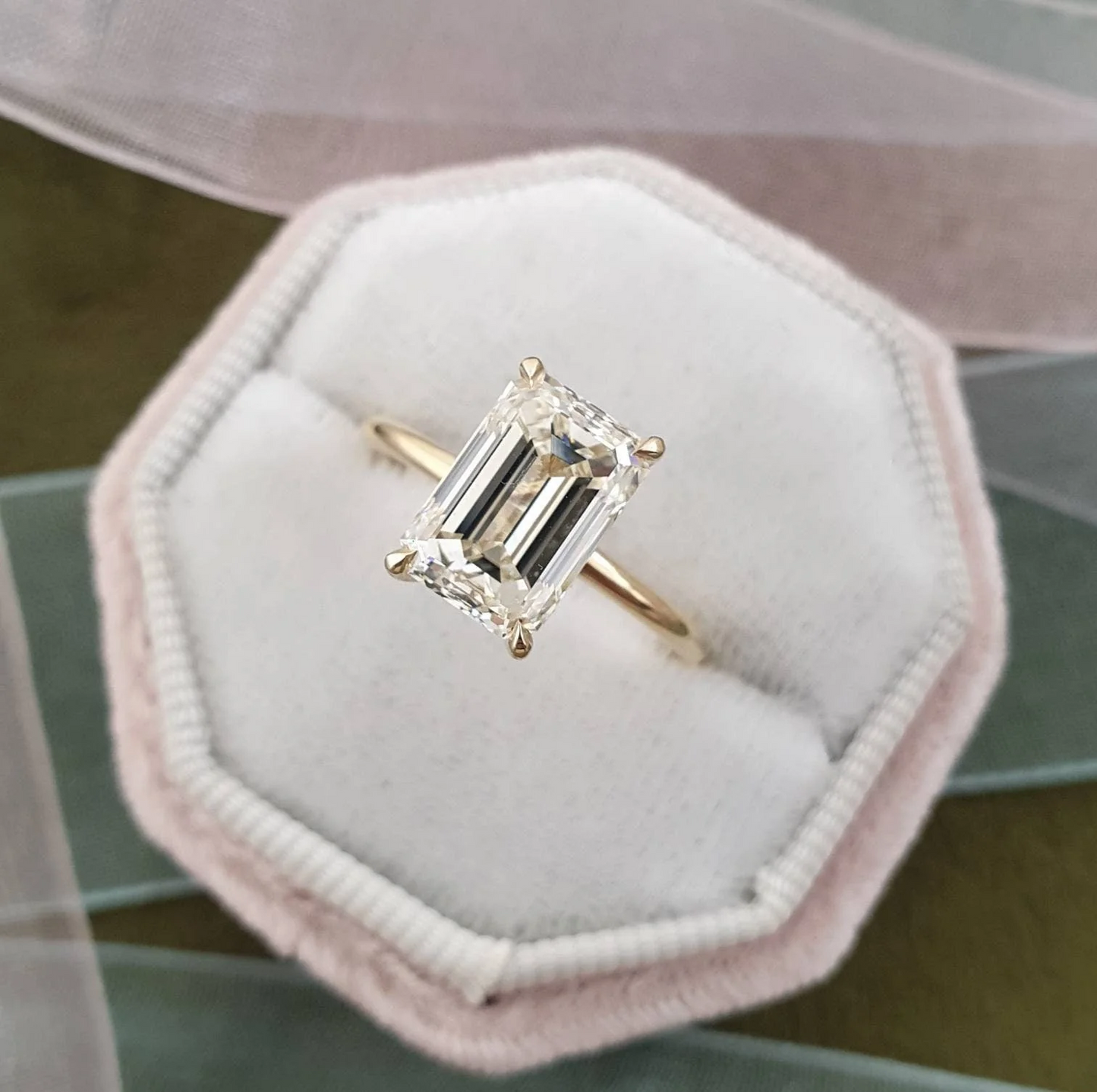 4.5 CT Emerald Cut Solitaire Band with Cathedral Setting and Shoulder Accents