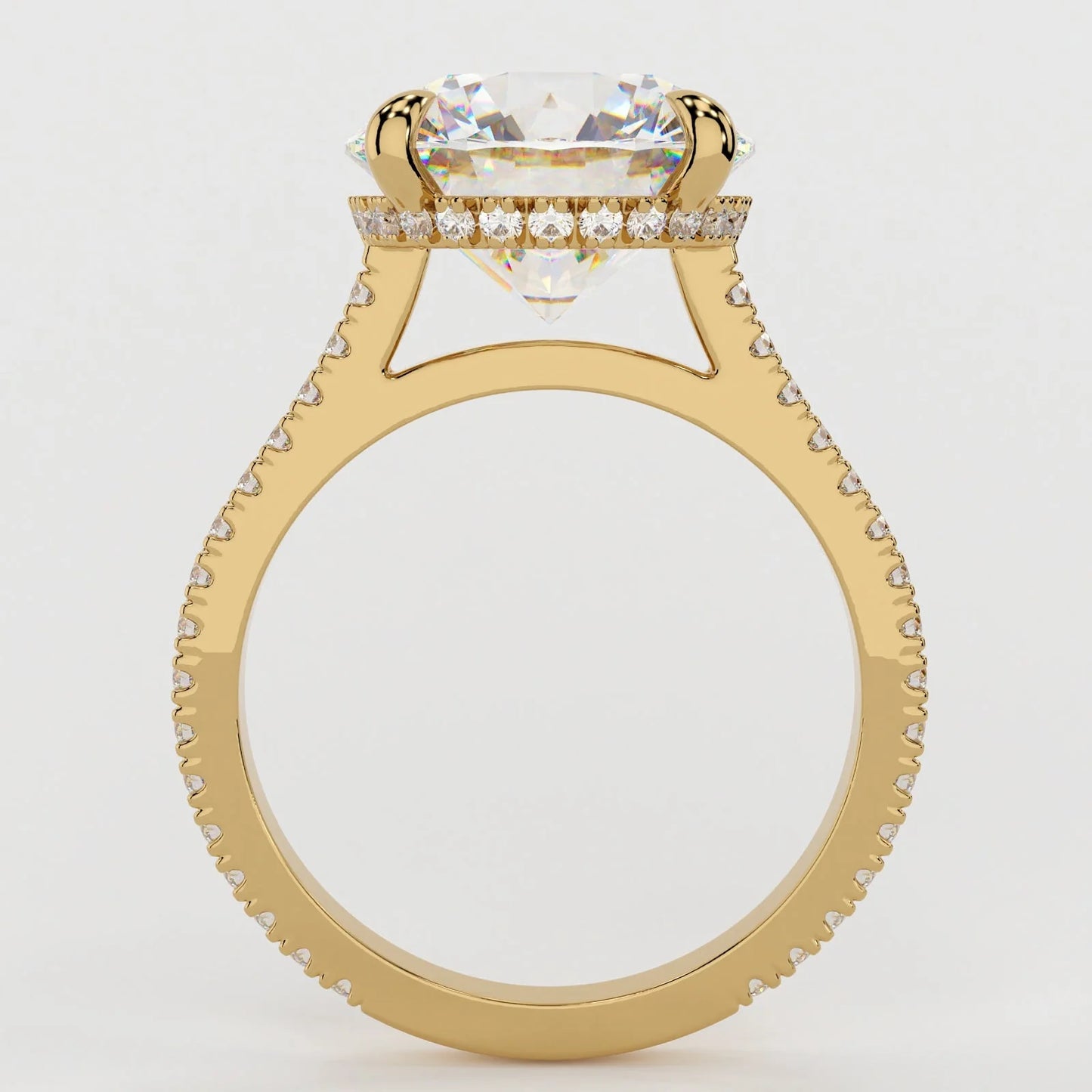 3.5 Carat Round Cut Hidden High Halo Moissanite Diamond Engagement Ring with Micro Pavé Band