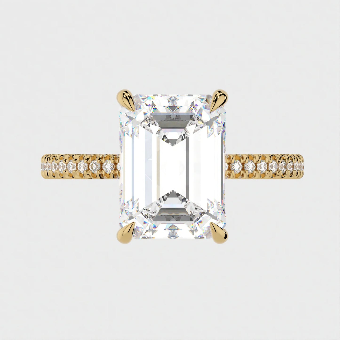 4 Carat Emerald Cut Moissanite Diamond Engagement Ring with Triple Micro Pavé Band