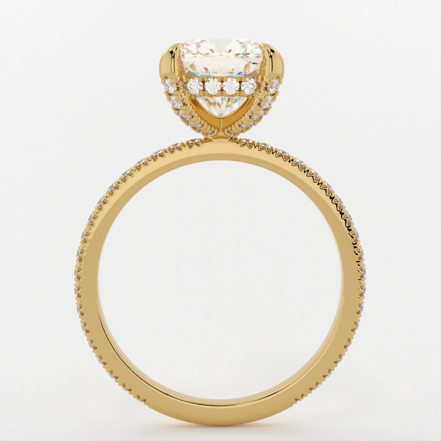 3 Carat Cushion Cut Hidden High Halo Moissanite Diamond Engagement Ring with Micro Pavé Band
