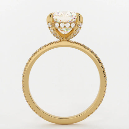 3 Carat Cushion Cut Hidden High Halo Moissanite Diamond Engagement Ring with Micro Pavé Band