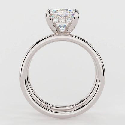 4 Carat Emerald Cut Moissanite Diamond Engagement Ring with a Squared Off Solitaire Band