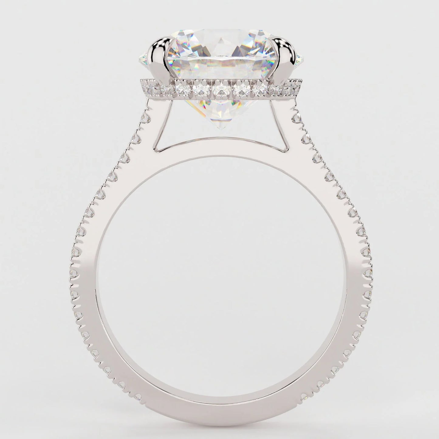 3.5 Carat Round Cut Hidden High Halo Moissanite Diamond Engagement Ring with Micro Pavé Band