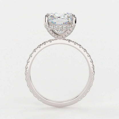 3.5 Carat Cushion Cut Hidden High Halo Moissanite Diamond Engagement Ring with Micro Pavé Band
