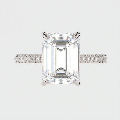4 Carat Emerald Cut Moissanite Diamond Engagement Ring with Triple Micro Pavé Band