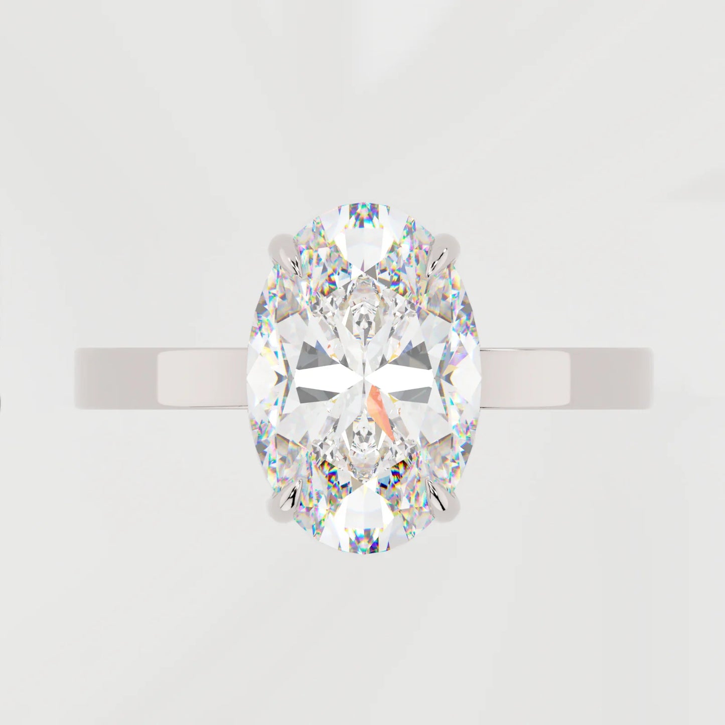 3 Carat Oval Cut Moissanite Diamond Engagement Ring with a Squared off Solitaire Band and Micro Pavé Side Detail