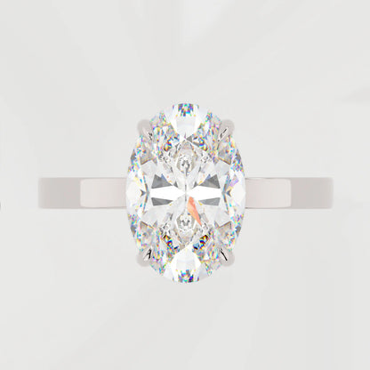 3 Carat Oval Cut Moissanite Diamond Engagement Ring with a Squared off Solitaire Band and Micro Pavé Side Detail
