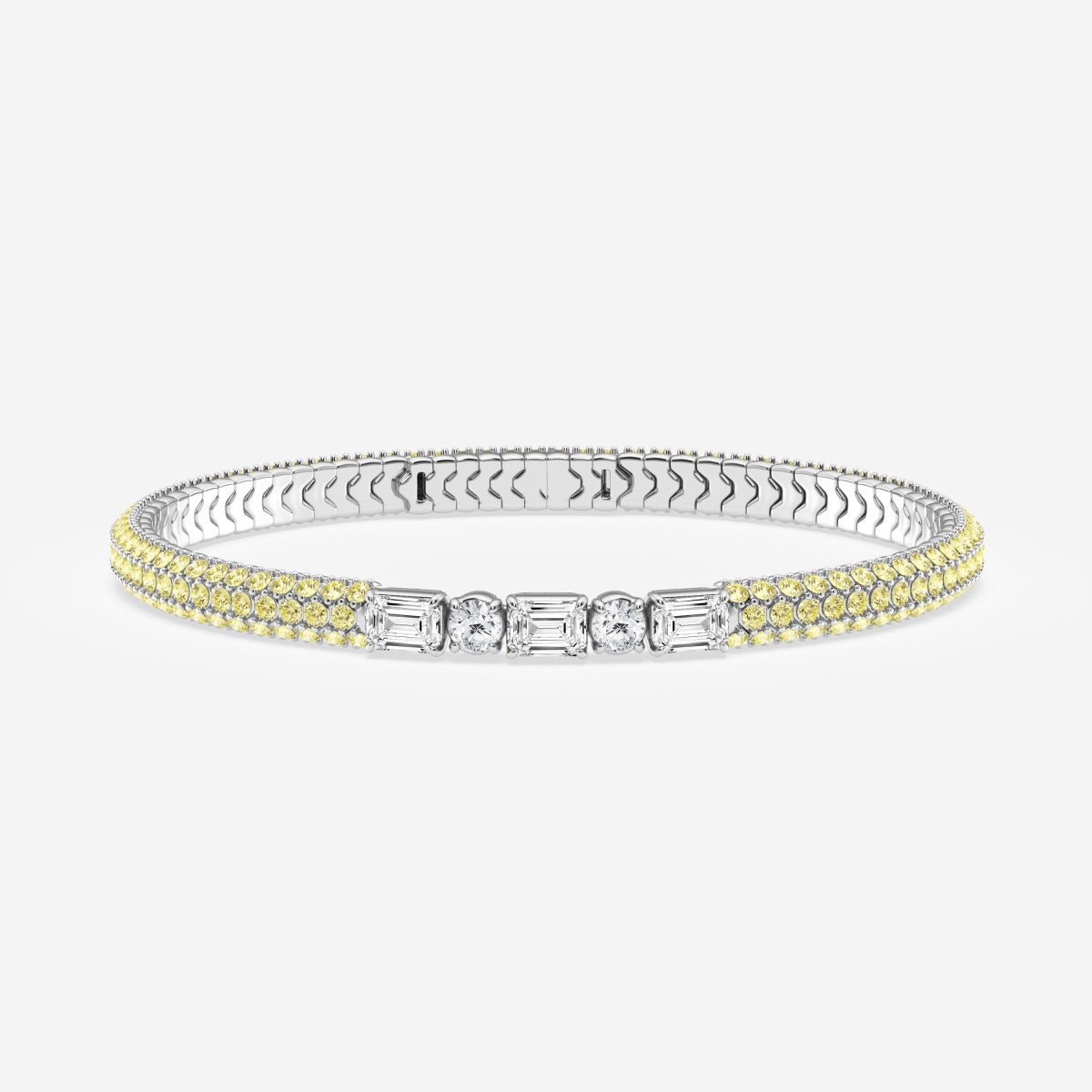 Emerald & Round Moissanite Rollover Flexible Bangle Bracelet with Fancy Yellow Side Stones