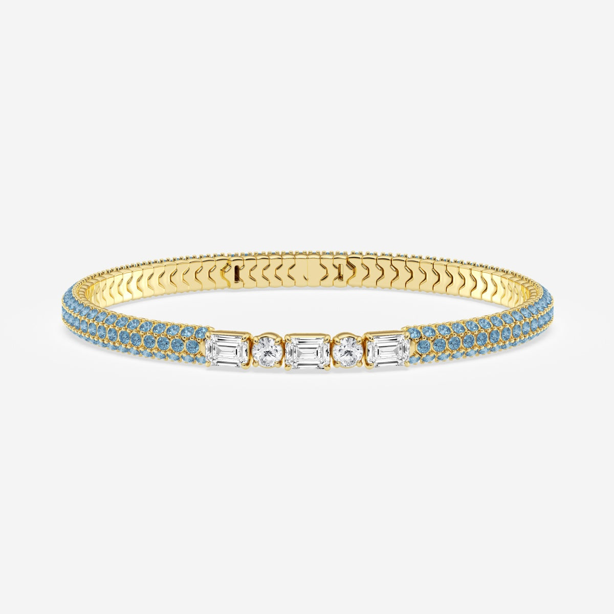 Emerald & Round Moissanite Rollover Flexible Bangle Bracelet with Fancy Blue Side Stones