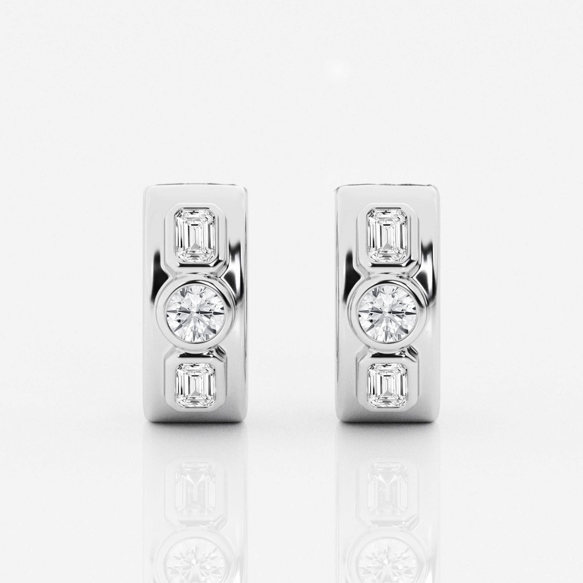 Round and Emerald Three Stone Huggie Hoop Earrings