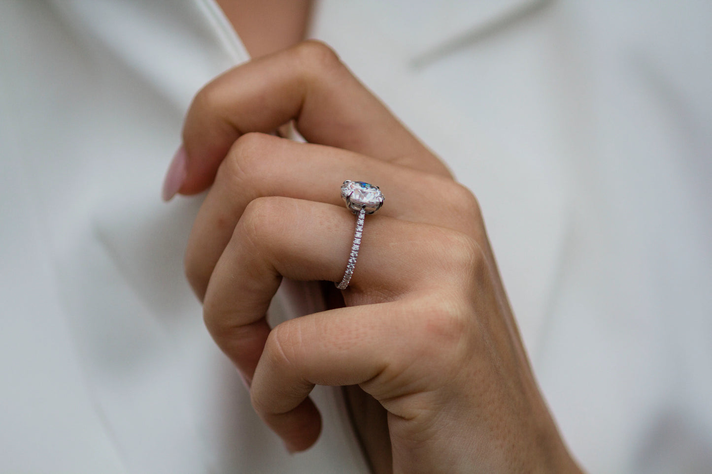 3.5 Carat Round Cut Moissanite Diamond Engagement Ring with Knife Edge Micro Pavé Band