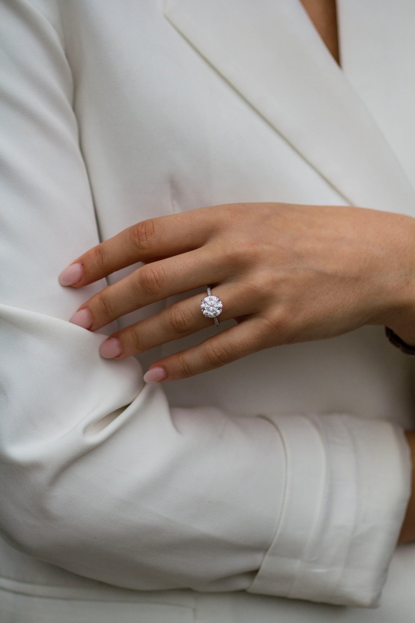 3.5 Carat Round Cut Moissanite Diamond Engagement Ring with Knife Edge Micro Pavé Band