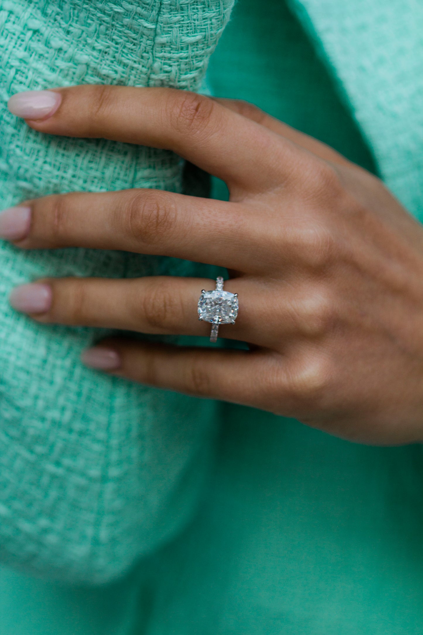 3.5 Carat Cushion Cut Hidden High Halo Moissanite Diamond Engagement Ring with Micro Pavé Band