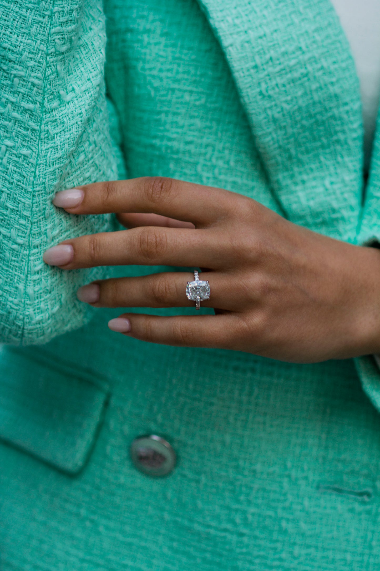 3.5 Carat Cushion Cut Hidden High Halo Moissanite Diamond Engagement Ring with Micro Pavé Band