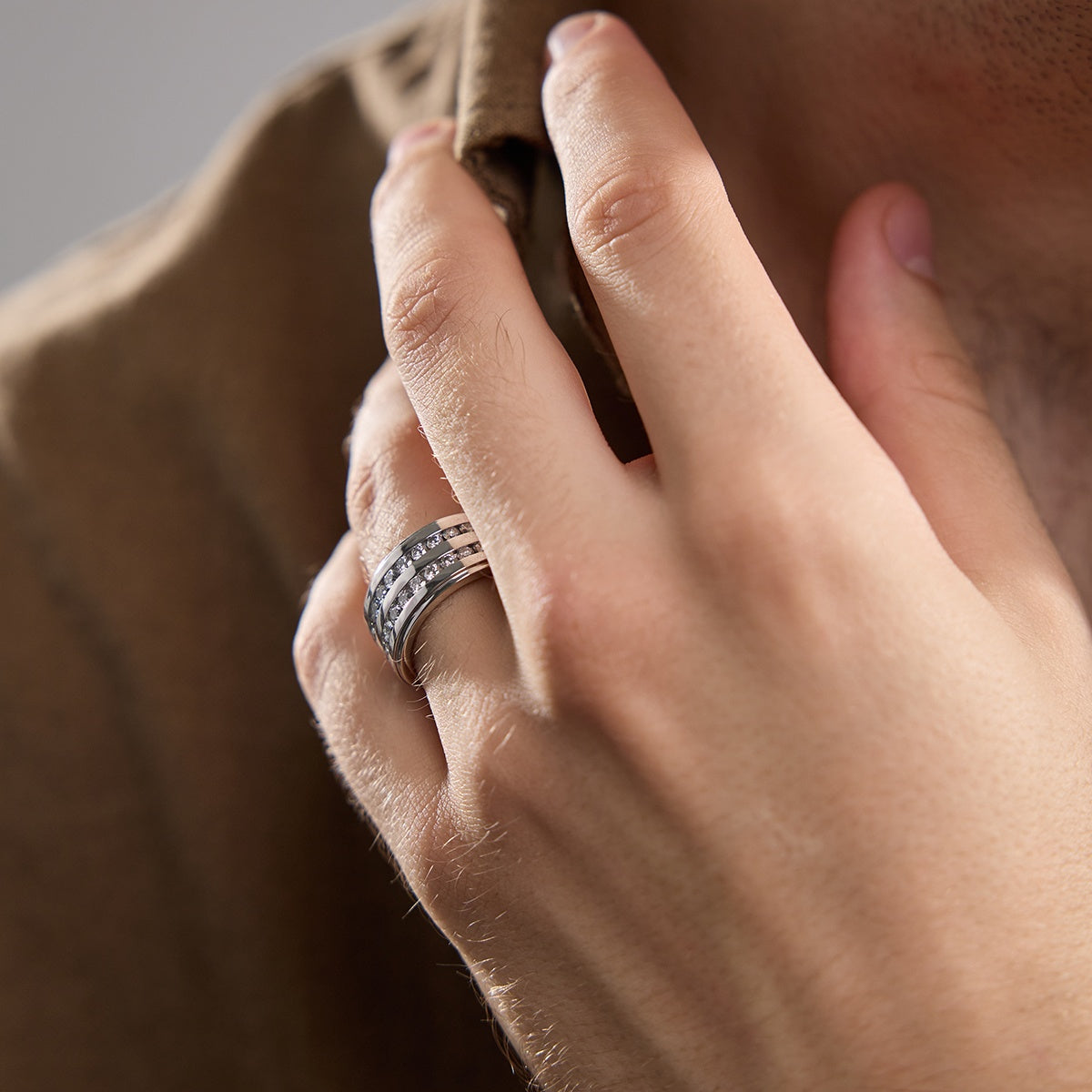 Round Men's Double Row Channel Set Wedding Band