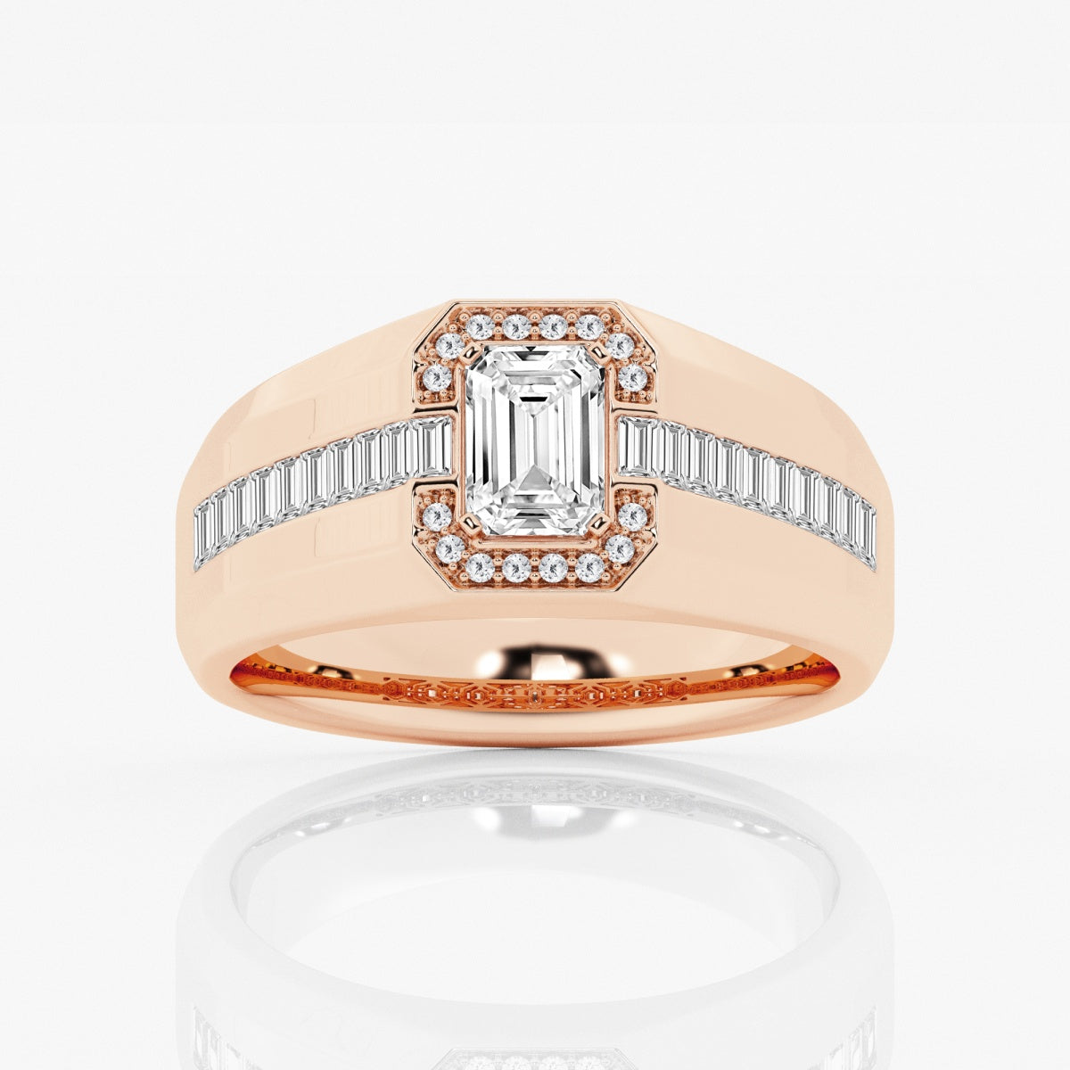 Emerald Moissanite Wide Band With Round and Baguette Side Stones Engagement Ring