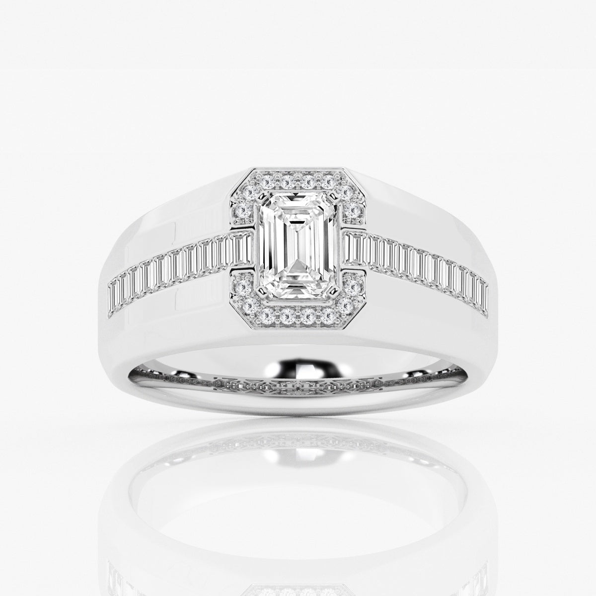 Emerald Moissanite Wide Band With Round and Baguette Side Stones Engagement Ring