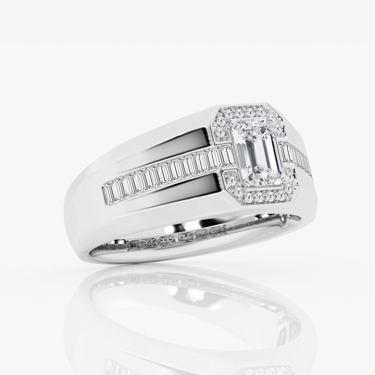 Emerald Moissanite Wide Band With Round and Baguette Side Stones Engagement Ring