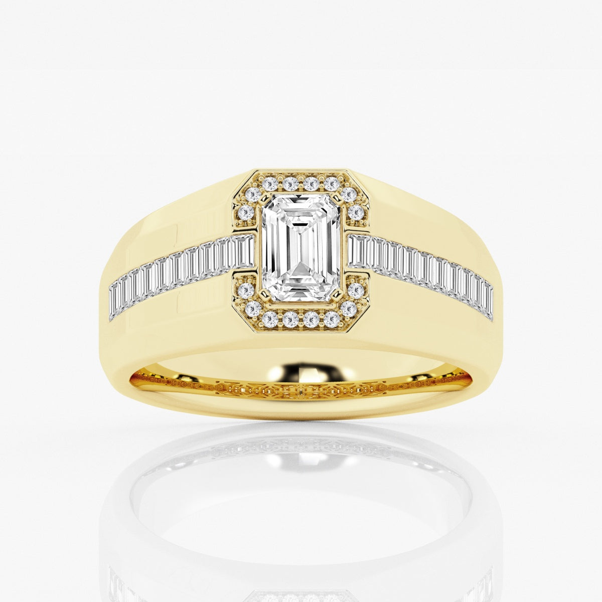 Emerald Moissanite Wide Band With Round and Baguette Side Stones Engagement Ring