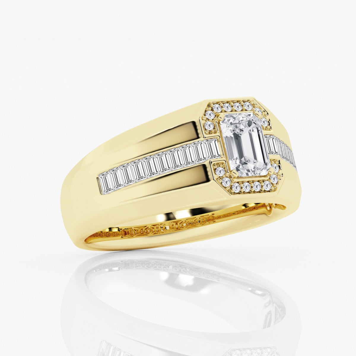 Emerald Moissanite Wide Band With Round and Baguette Side Stones Engagement Ring