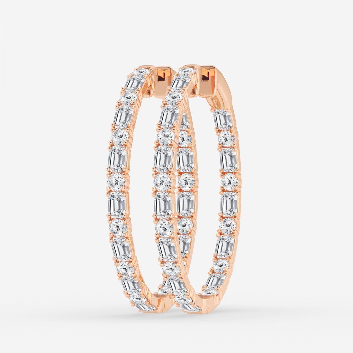 Emerald and Round Moissanite Inside Out Hoop Earrings