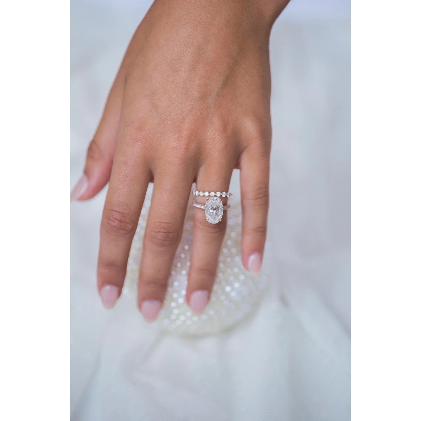 5 Carat Oval Cut Moissanite Diamond Engagement Ring with Triple Micro Pavé Band