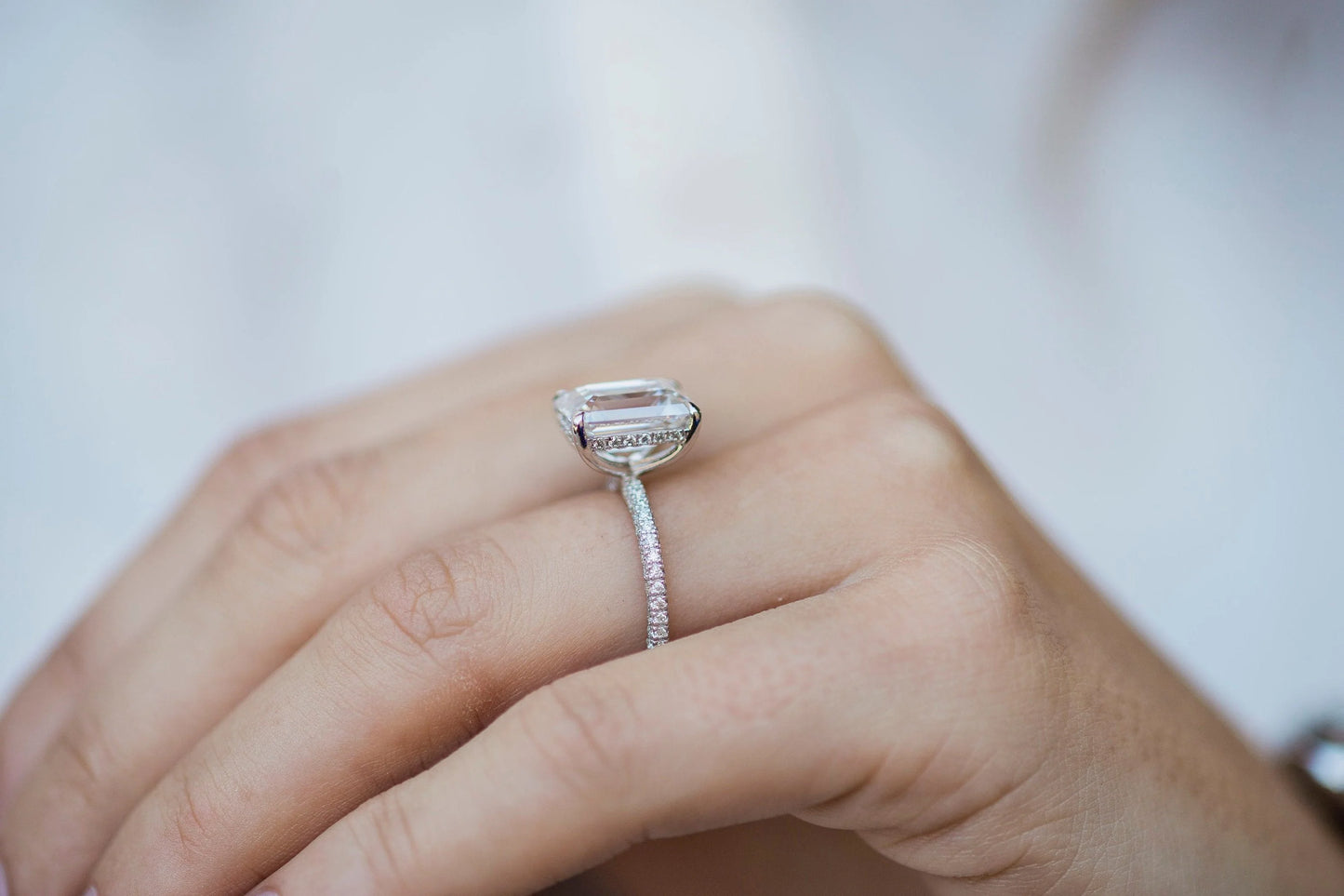 4 Carat Emerald Cut Moissanite Diamond Engagement Ring with Triple Micro Pavé Band
