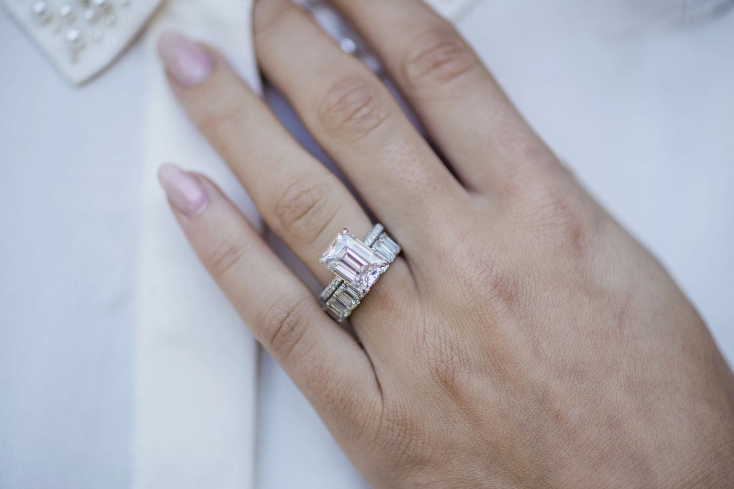 4 Carat Emerald Cut Moissanite Diamond Engagement Ring with Triple Micro Pavé Band