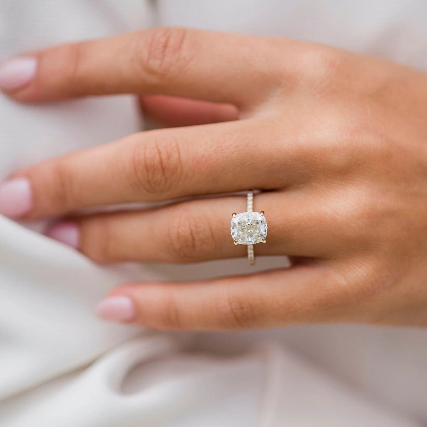 3 Carat Cushion Cut Hidden High Halo Moissanite Diamond Engagement Ring with Micro Pavé Band