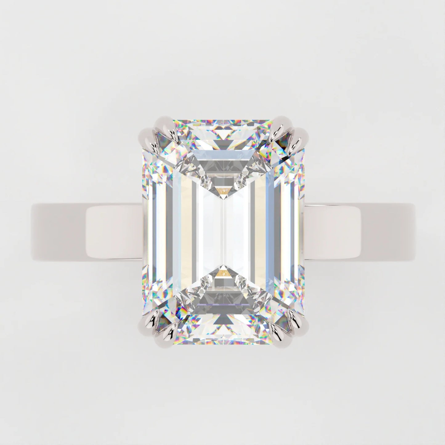 4 Carat Emerald Cut Moissanite Diamond Engagement Ring with a Squared Off Solitaire Band