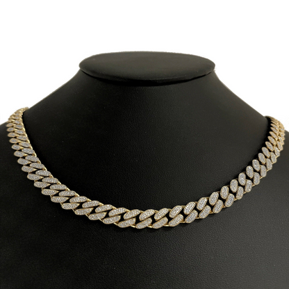 9mm 14K Yellow Gold Diamond Round Cuban Necklace 18"