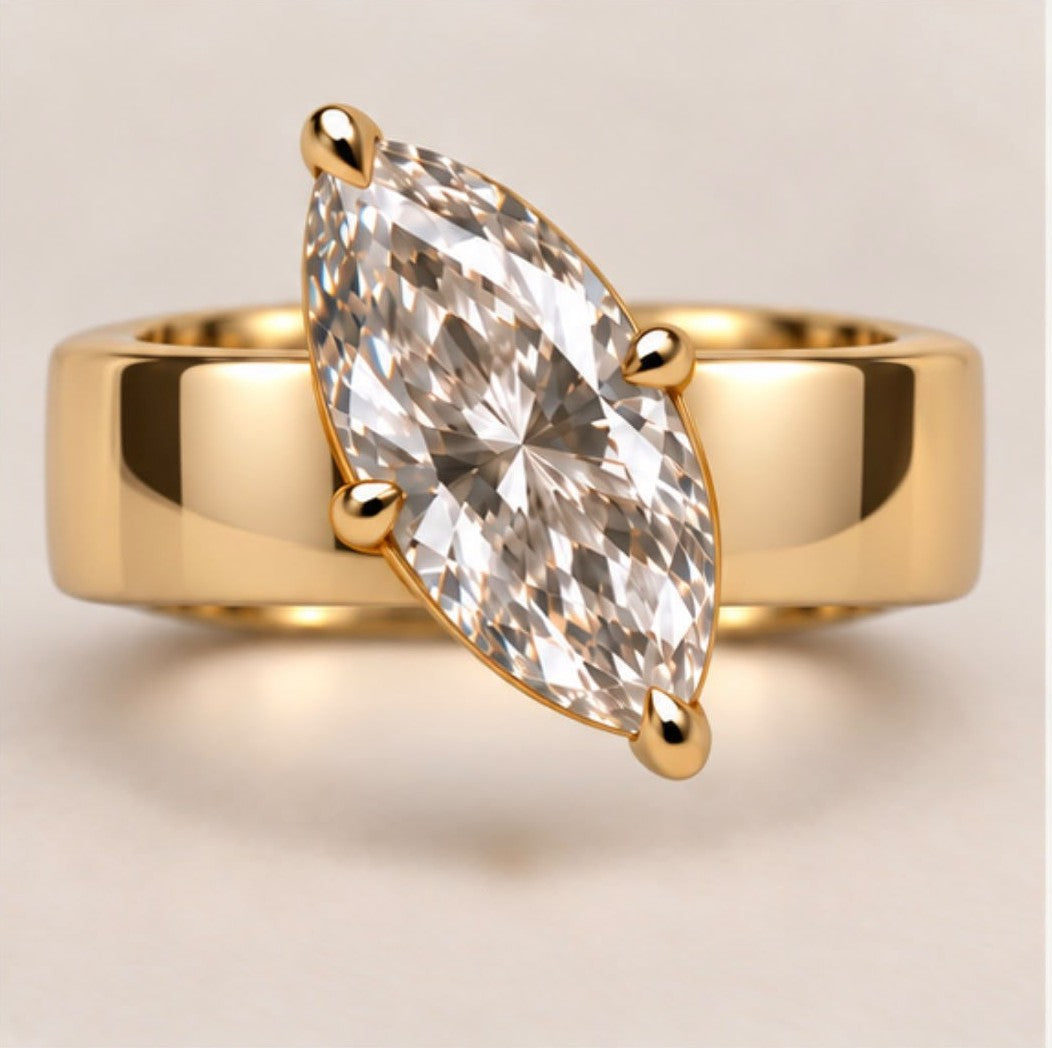 2.5 Carat Marquise Solitaire Engagement Ring with 6mm Wide Band in 14K yellow gold