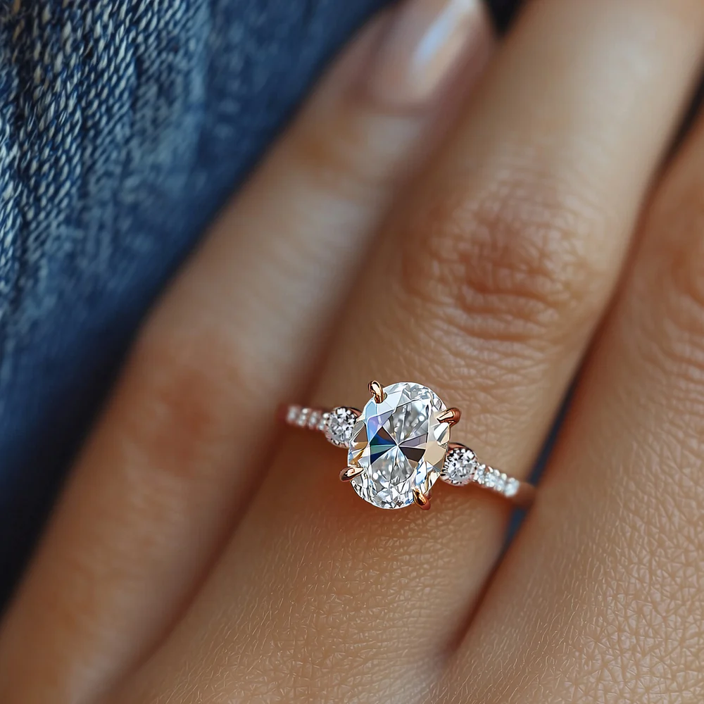 2 Carat Oval Cut with Half Pavé Band and Two Shoulder Stones – view 4