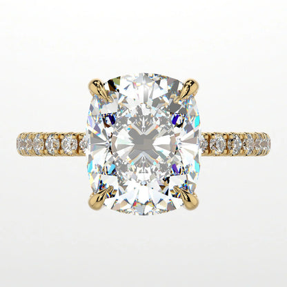 3.5 Carat Cushion Cut Hidden High Halo Moissanite Diamond Engagement Ring with Micro Pavé Band