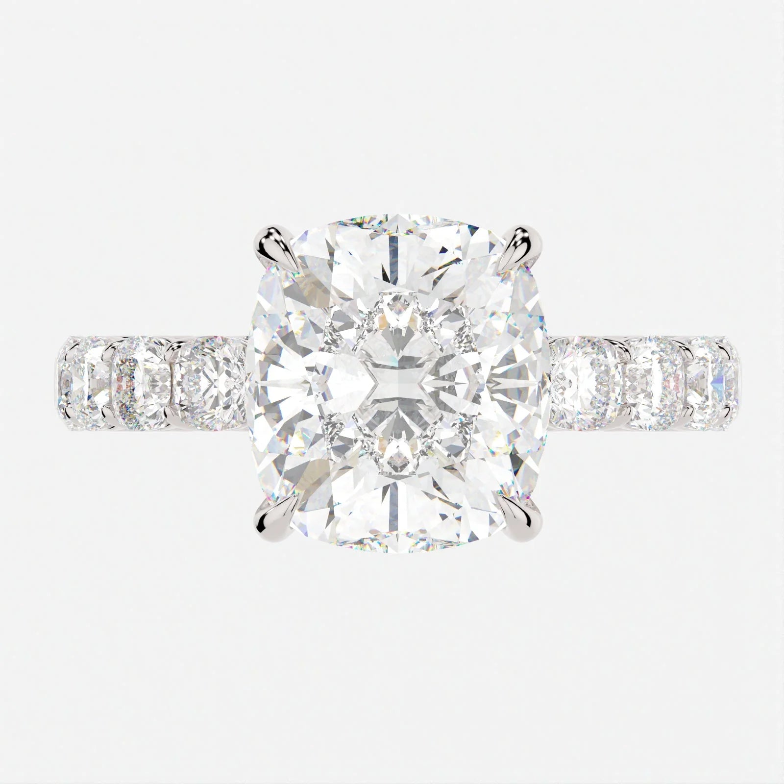 3.5 Carat Cushion Cut Hidden High Halo Lab Diamond Engagement Ring 3mm Eternity Band