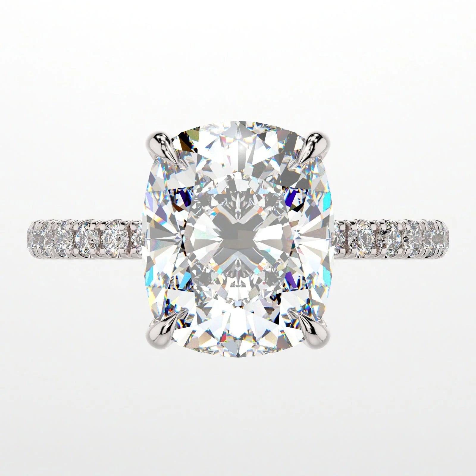 3.5 Carat Cushion Cut Hidden High Halo Lab Diamond Engagement Ring with Micro Pavé Band
